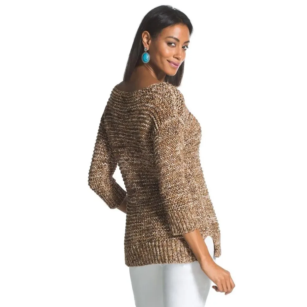 Chico's Sweater 2 L Textured Sherri Pullover‎ Marled Knit 3/4 Sleeve Neutral